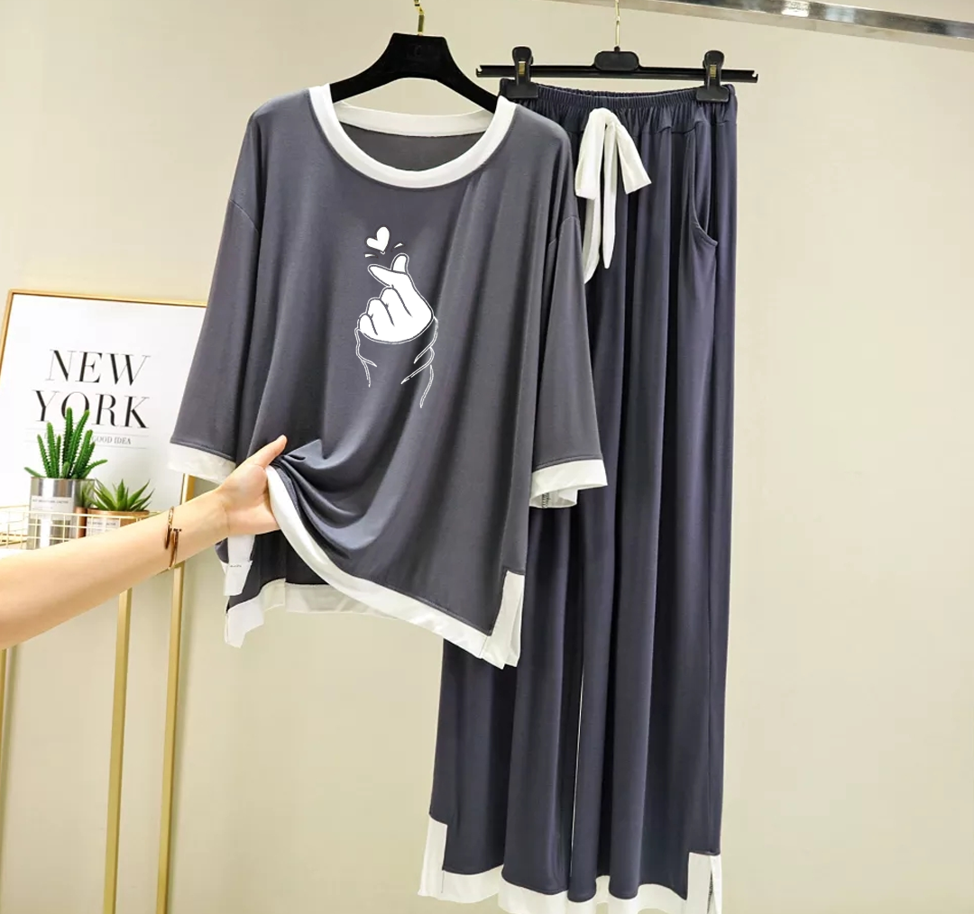 Grey White K-pop Round Neck Plazzo PJ Set