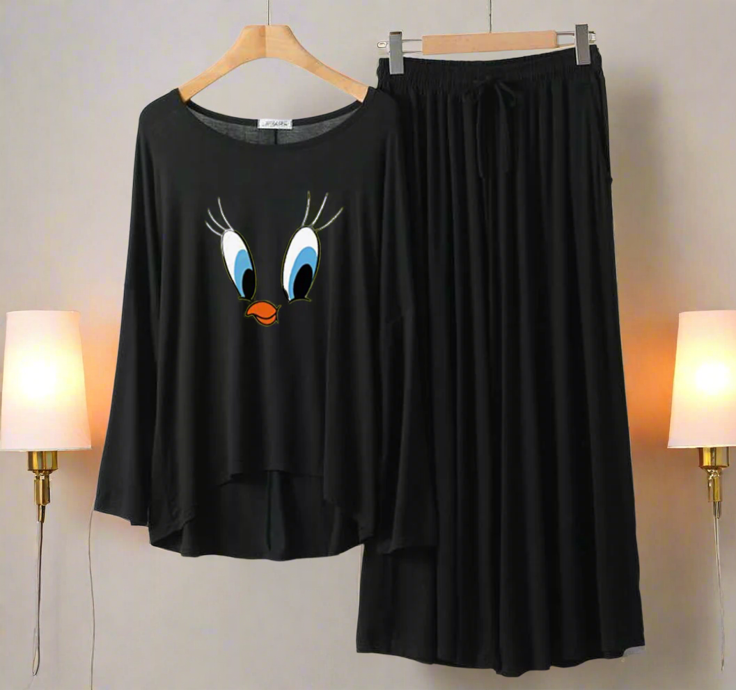 Deep Black Daffy Duck Round Neck Palazzo PJ Set