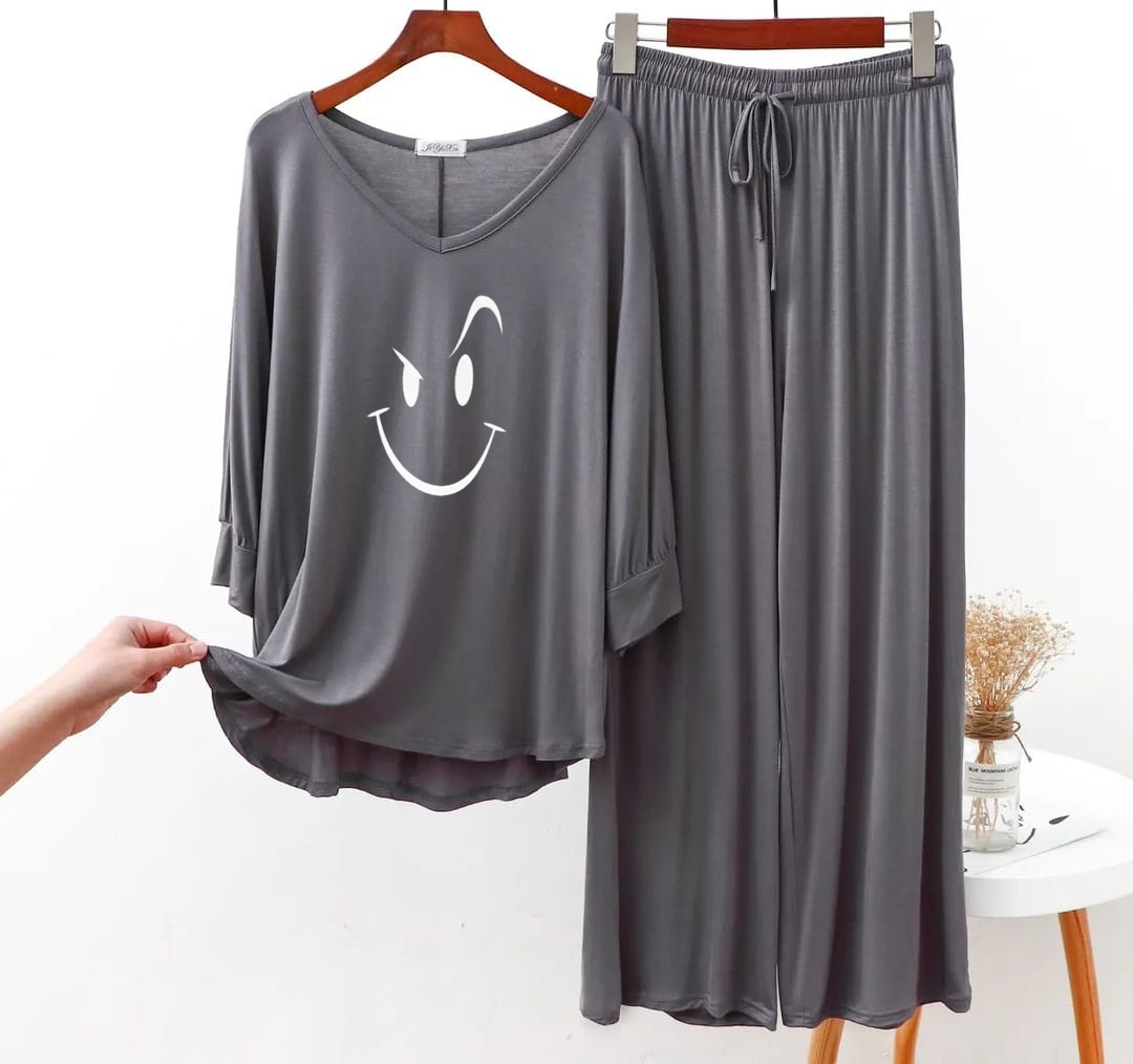 Gray Smiley V Neck with Plazzo Pajama Full Sleeves Suit
