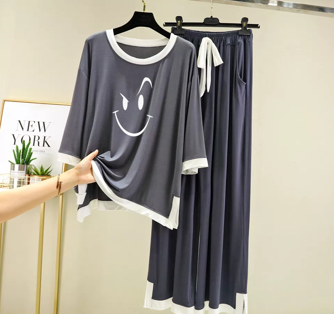 Grey White Smiley Round Neck Plazzo PJ Set
