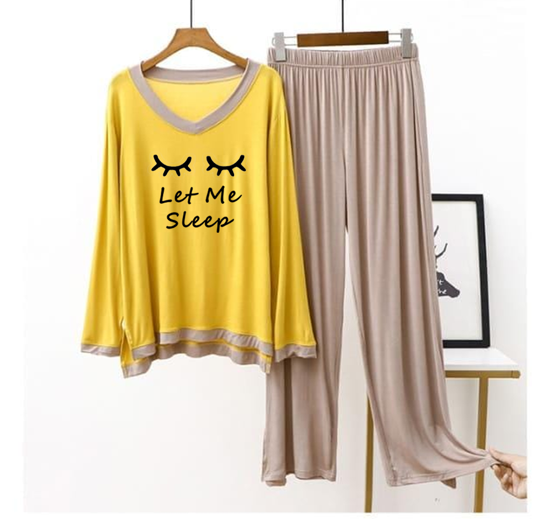 Yellow let me Sleep V-Neck 2pc with Contrast Trouser PJ Set