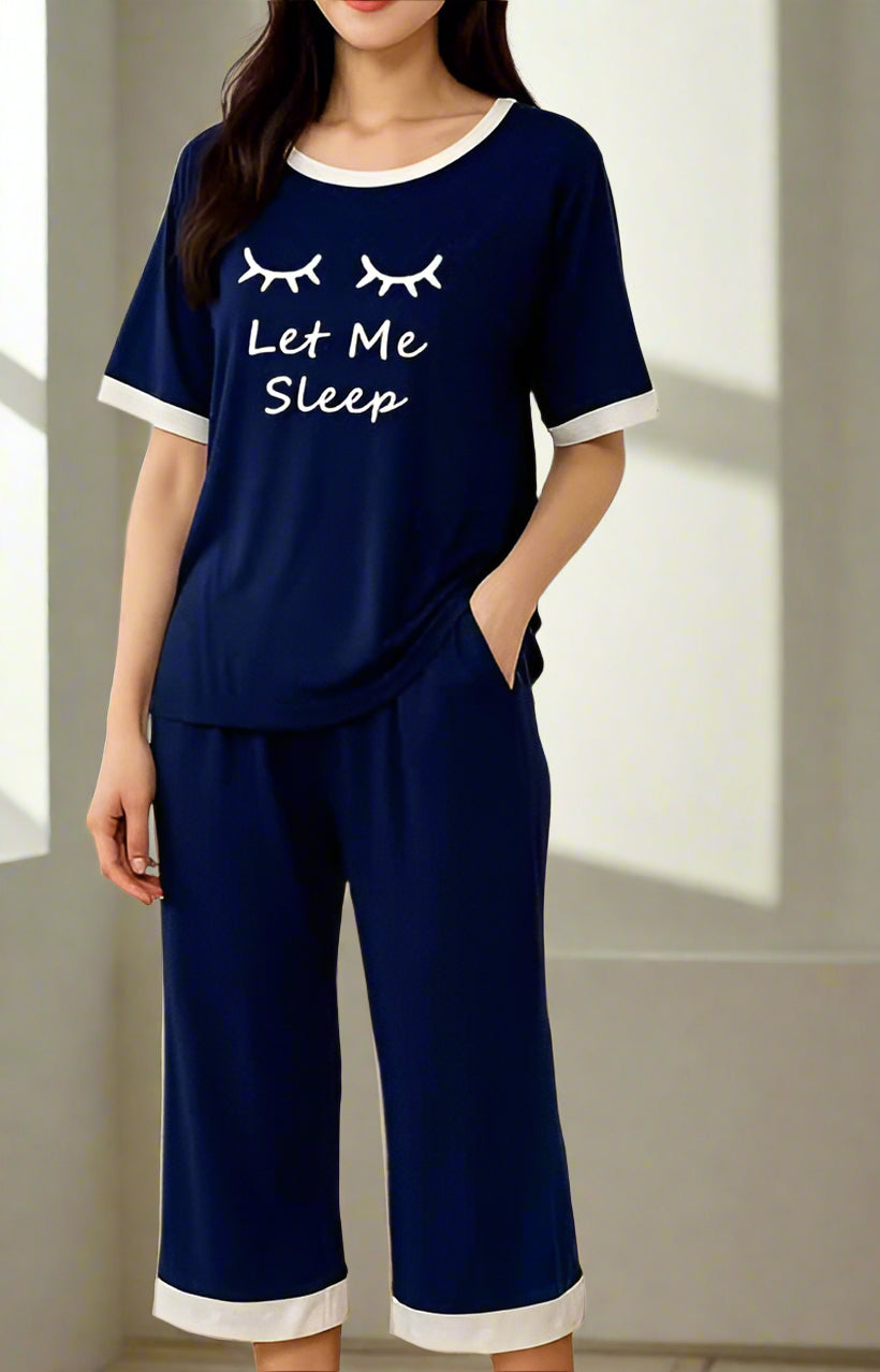 Navy Blue let me sleep White Round Neck Plazzo PJ Set