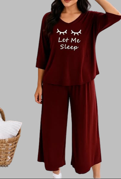 Maroon let me sleep V-Neck Women Night Suit PJ Set