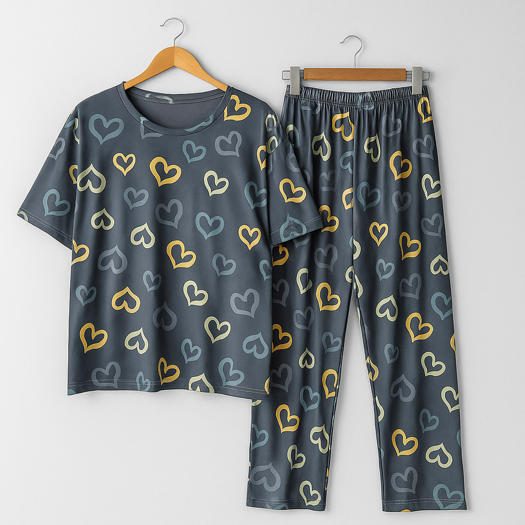Multi Hearts Pattern Grey 2 PC Nightwear Nightdress