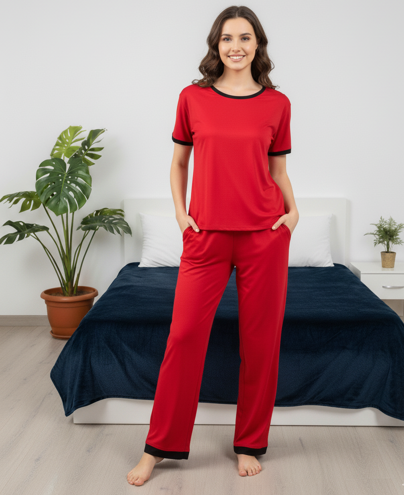Plain Red Tshirt With Black Round Neck And PLazzo Pajama (Half Sleeves)