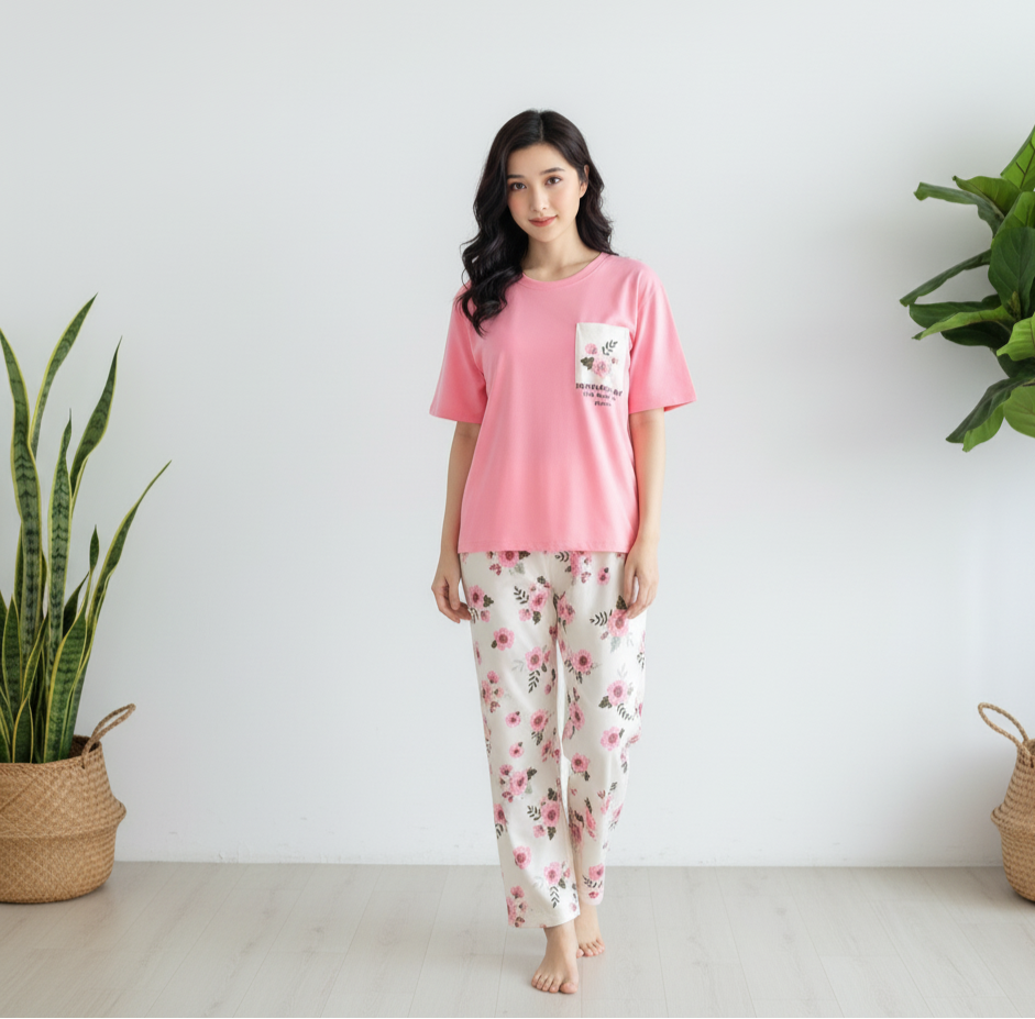 Pink Flower 2 PC Nightwear Nightdress