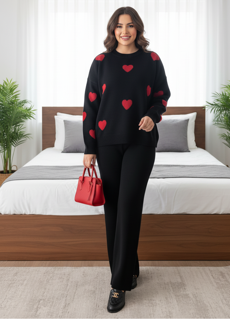 Winter Red Hearts Black Co-Ord Set Night Suit