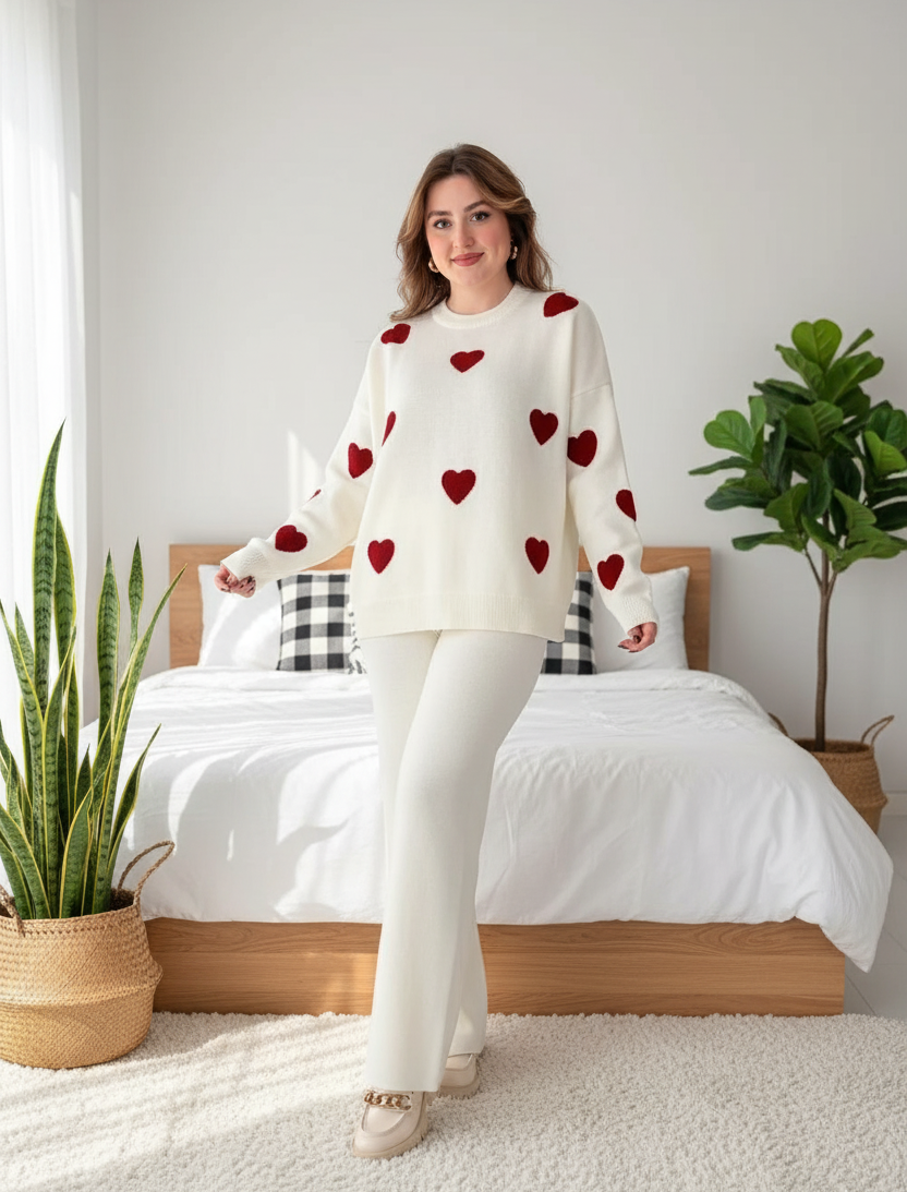 Heart printed warm winter fleece co ord Set - White and Red
