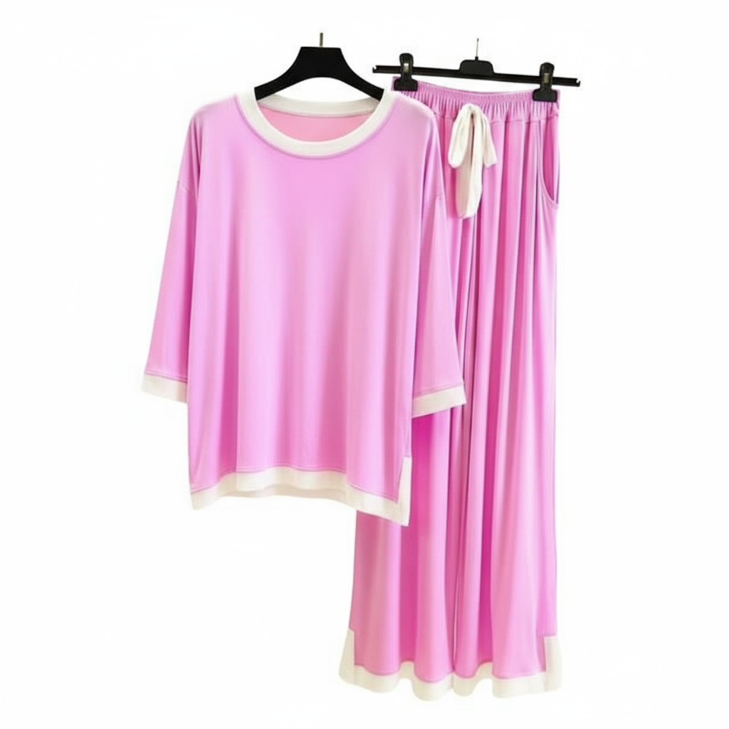 Baby Pink White Round Neck Plazzo PJ Set