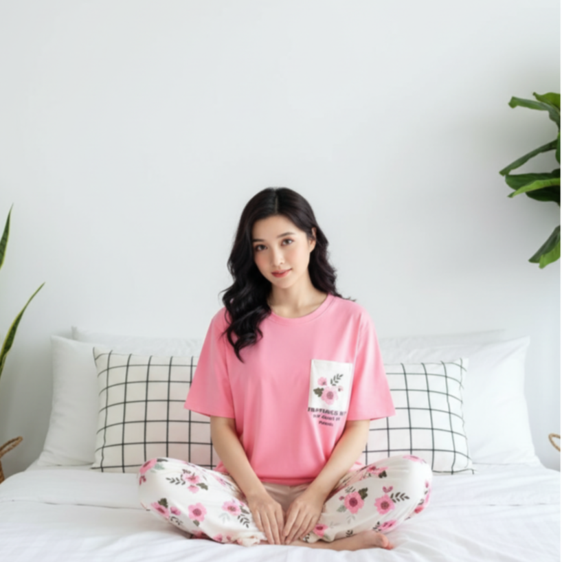 Pink Flower 2 PC Nightwear Nightdress