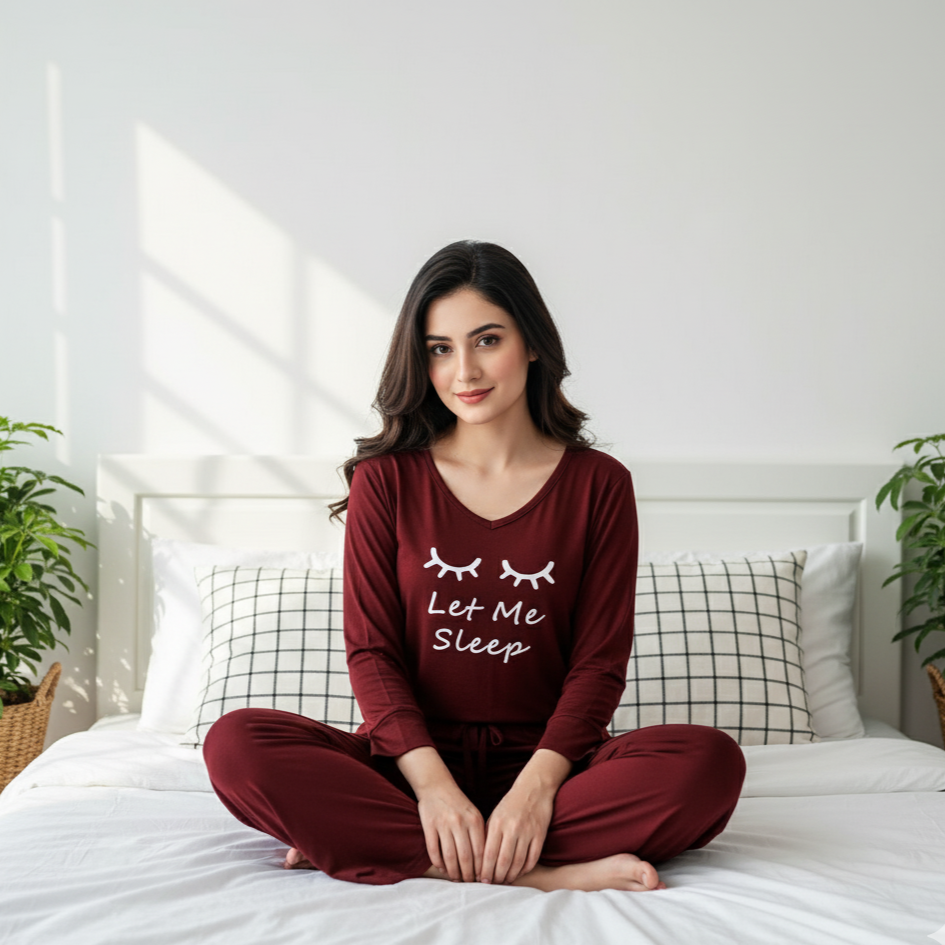 Maroon let me sleep V-Neck Women Night Suit PJ Set