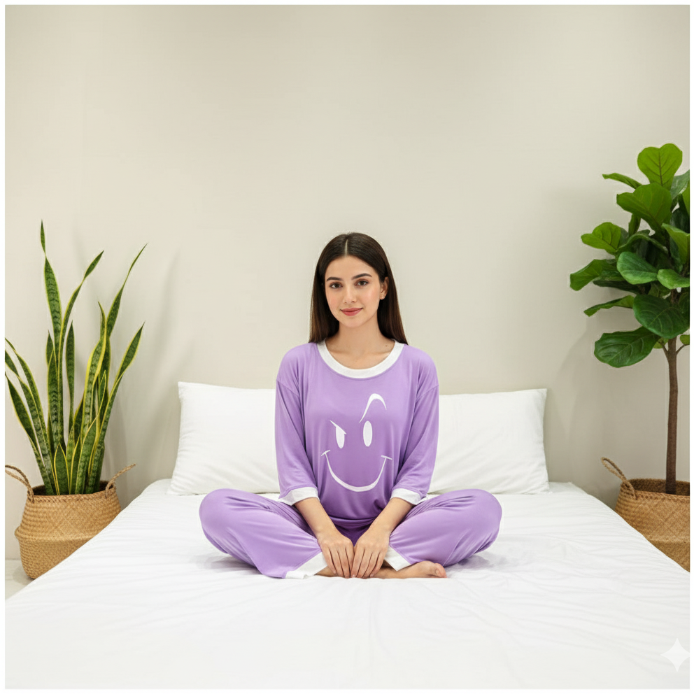 Purple Smiley Face White Round Neck Plazzo PJ Set