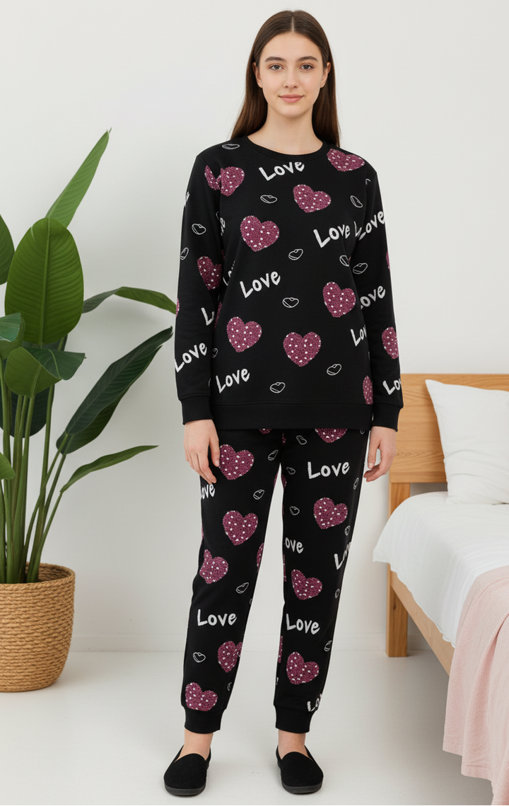 Winter Black Love Heart Co-Ord Set Night Suit