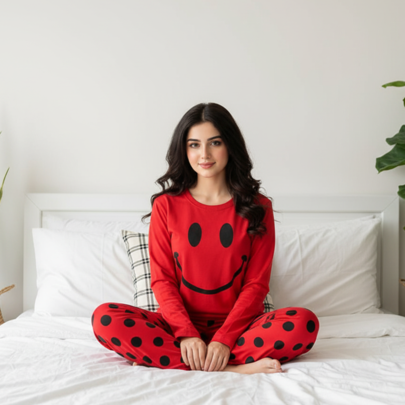 Red Smile 2 PC Nightwear Nightdress