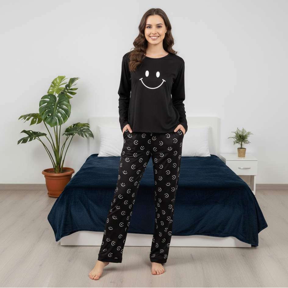 Black Smileyy 2 PC Nightwear Nightdress