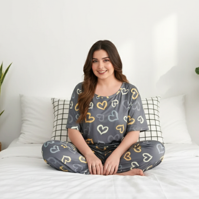 Multi Hearts Pattern Grey 2 PC Nightwear Nightdress