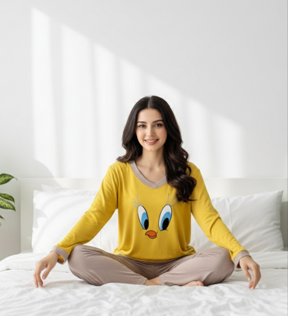 Yellow Dafy V-Neck T Shirt with Contrast Trouser PJ Set