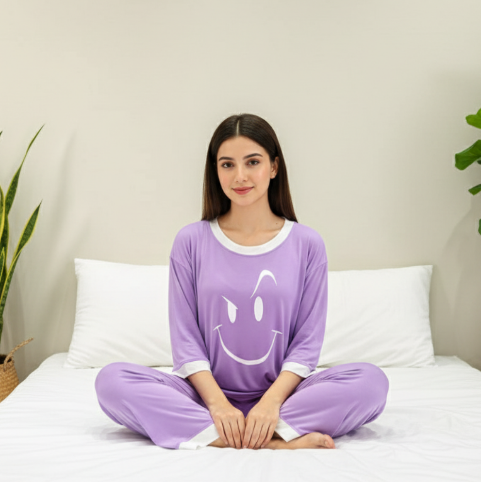 Purple Smiley Face White Round Neck Plazzo PJ Set