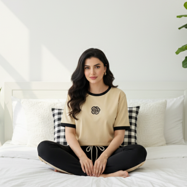 Black Flower Creamy 2 PC Nightwear