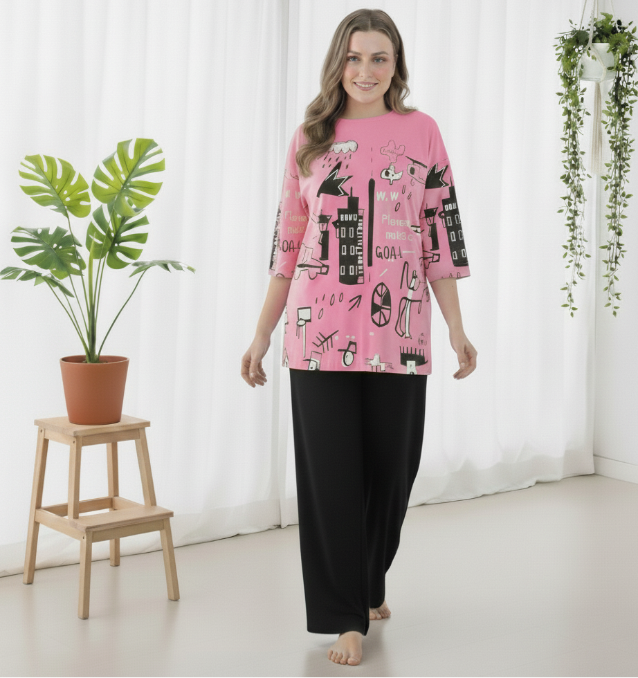 Pink City Groove Oversized Nightwear Casual Wear(with Black Plain Trouser)