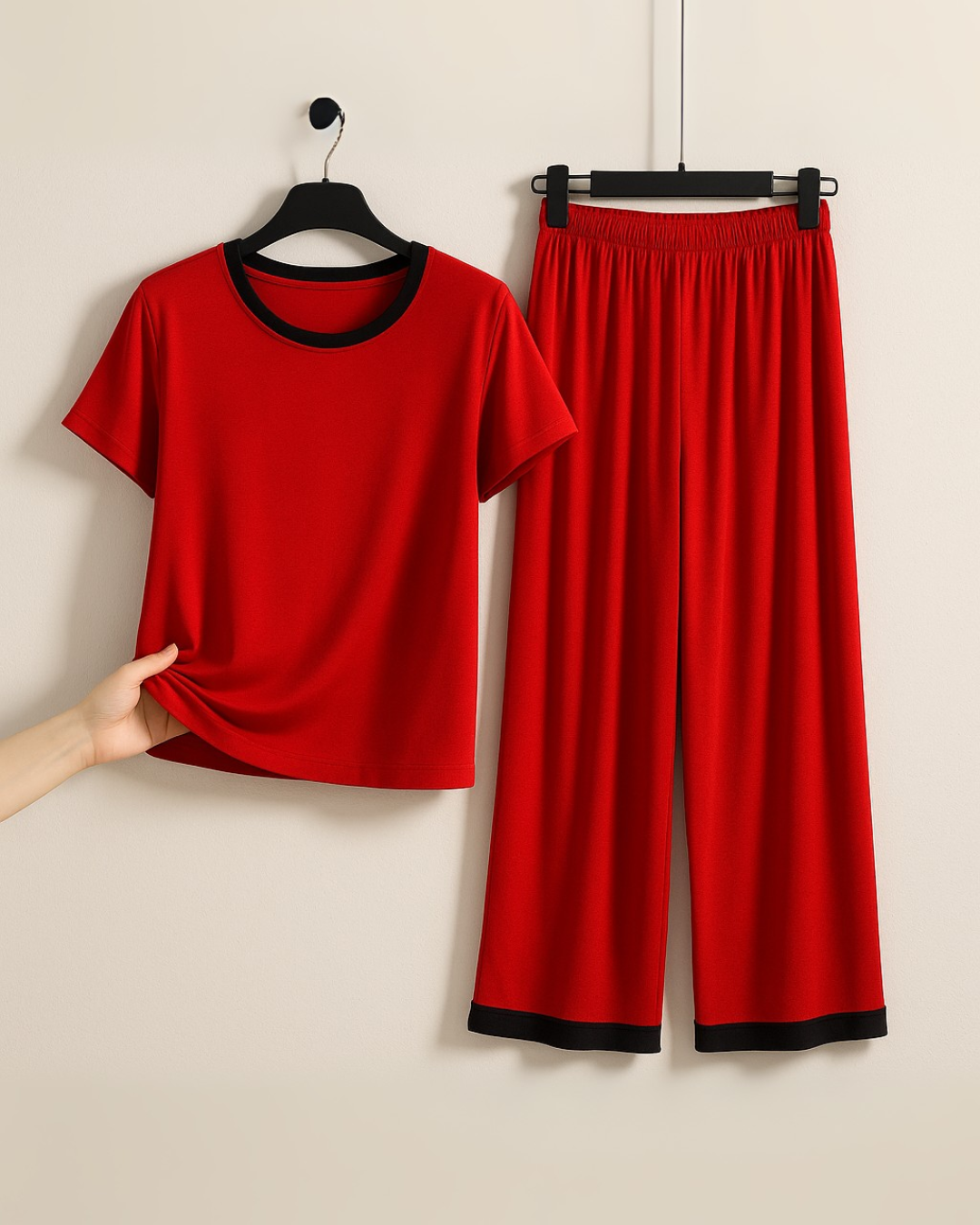 Plain Red Tshirt With Black Round Neck And PLazzo Pajama (Half Sleeves)