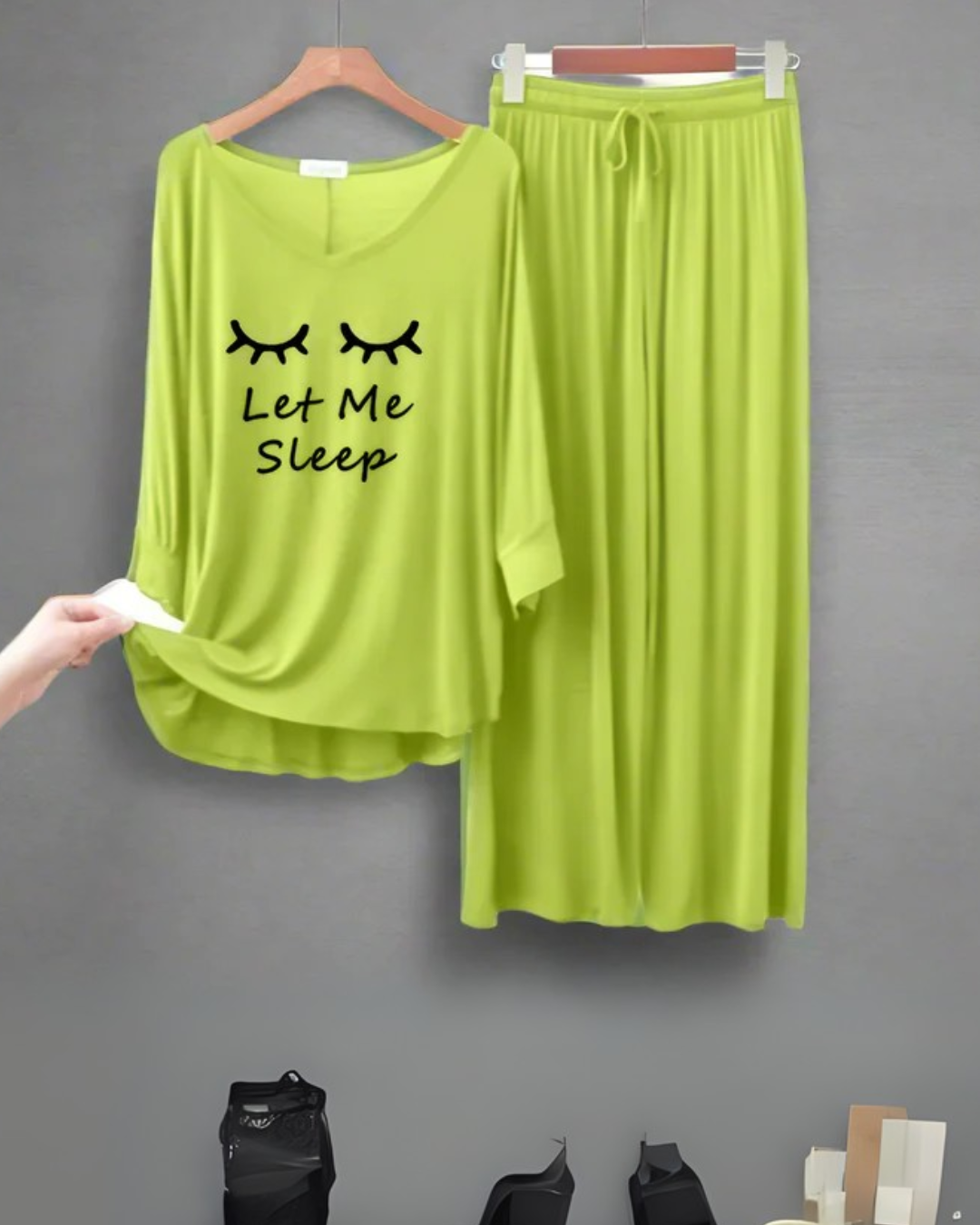 Lemon Green Let me Sleep V-Neck Women Night Suit PJ Set