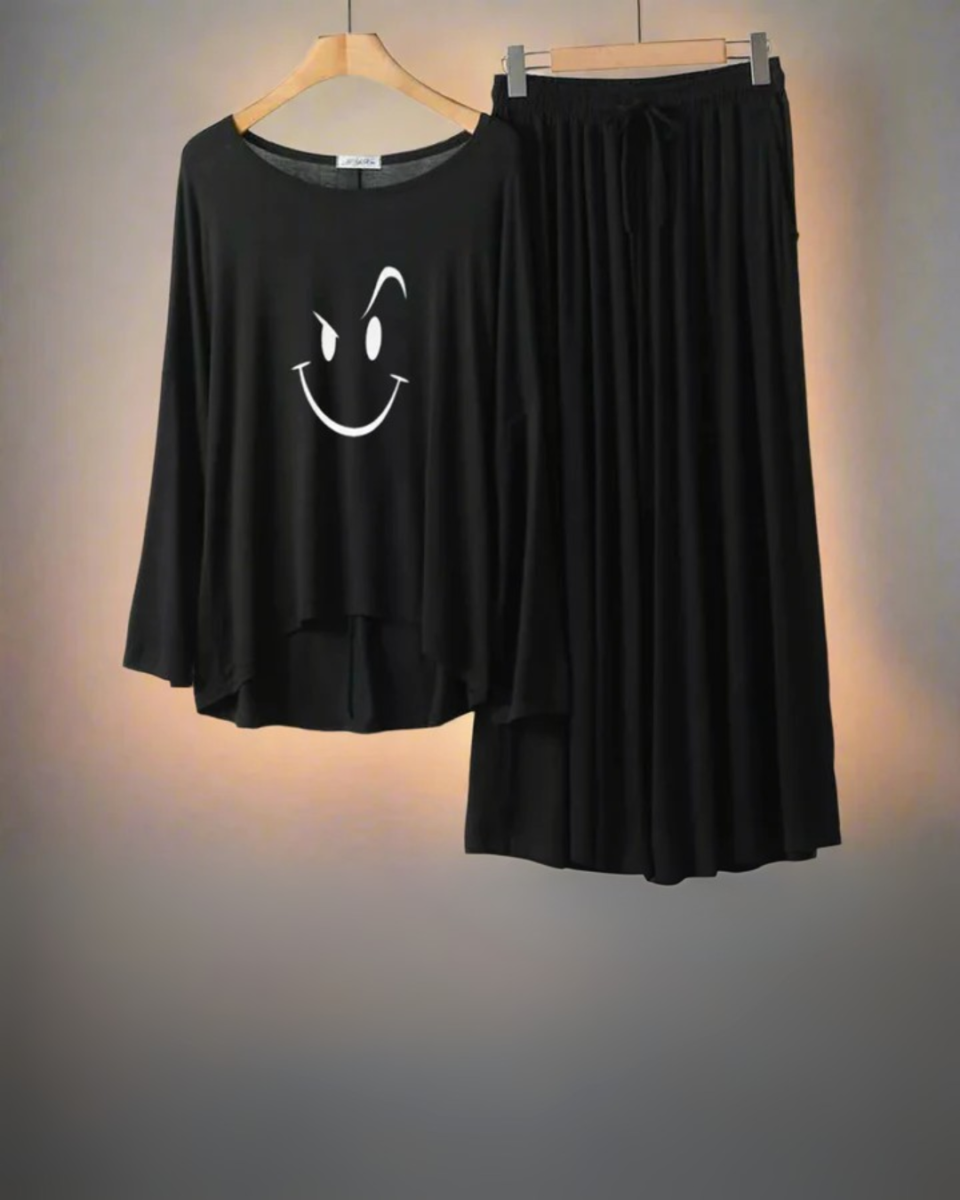 Deep Black Smiley Round Neck Palazzo PJ Set