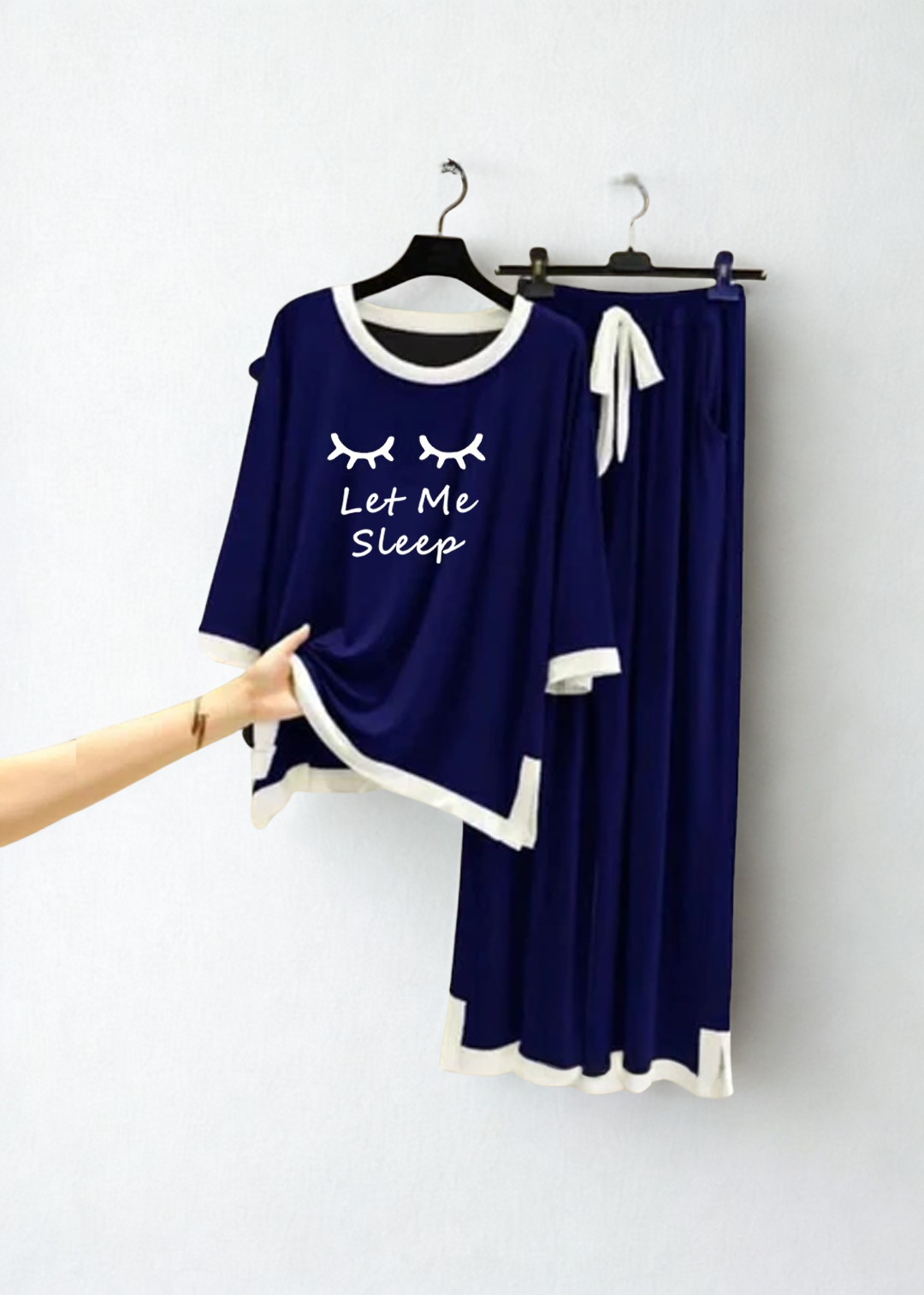Navy Blue let me sleep White Round Neck Plazzo PJ Set