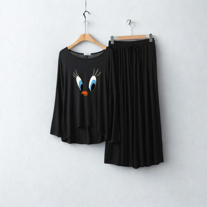 Deep Black Daffy Duck Round Neck Palazzo PJ Set