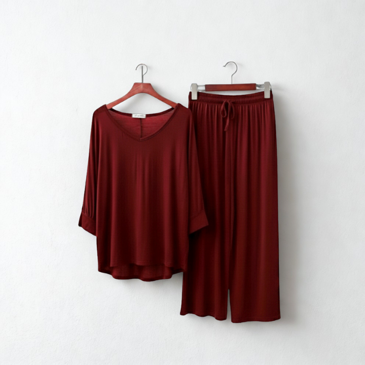 Maroon V-Neck Women Night Suit PJ Set