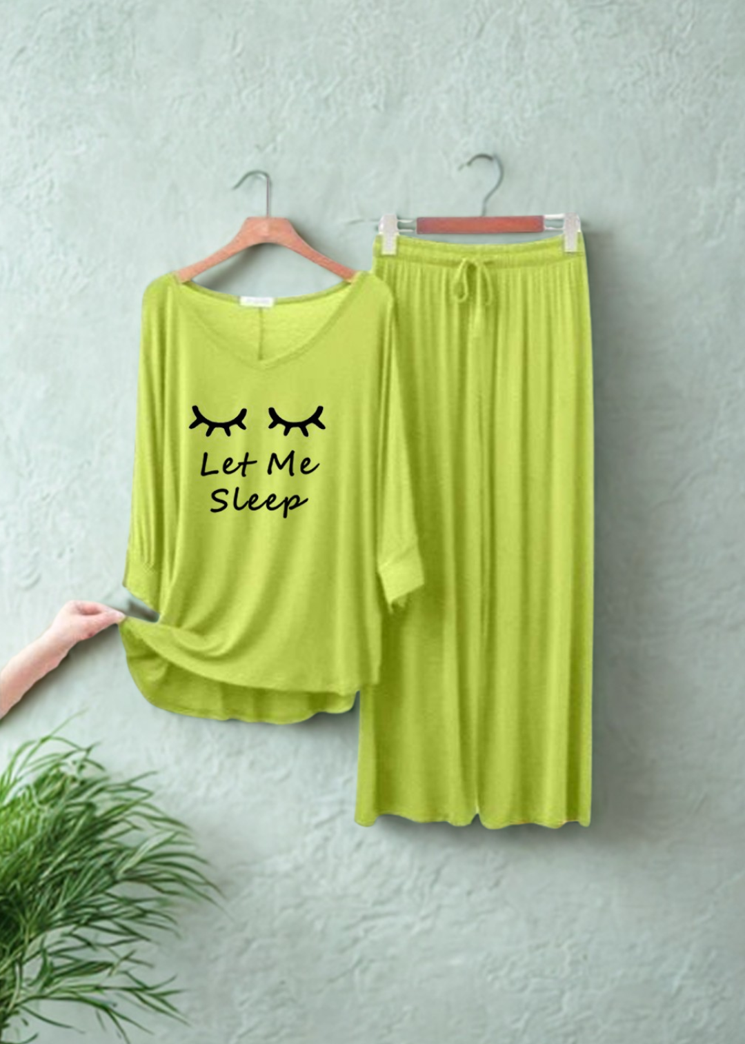 Lemon Green Let me Sleep V-Neck Women Night Suit PJ Set