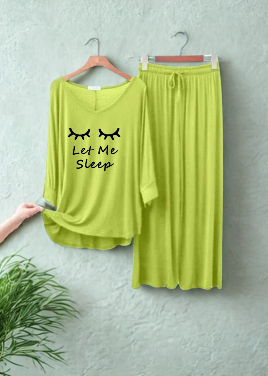 Lemon Green Let me Sleep V-Neck Women Night Suit PJ Set