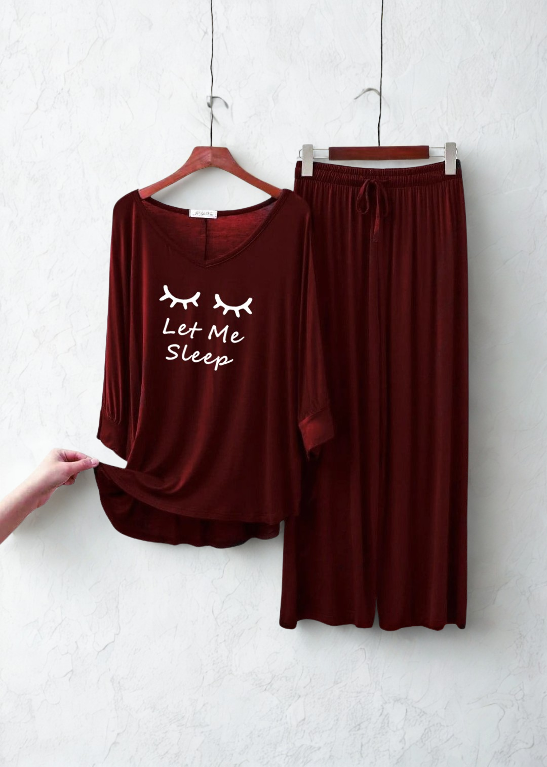 Maroon let me sleep V-Neck Women Night Suit PJ Set