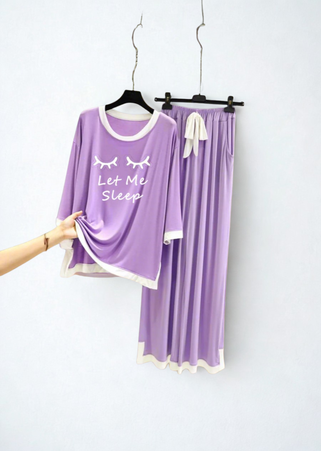 Purple Let me Sleep White Round Neck Palazzo PJ Set