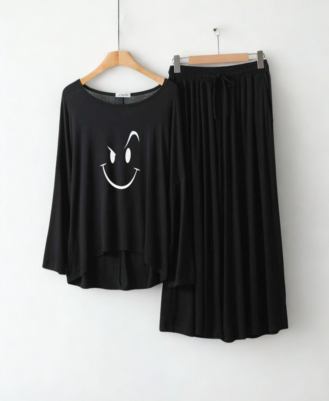 Deep Black Smiley Round Neck Palazzo PJ Set