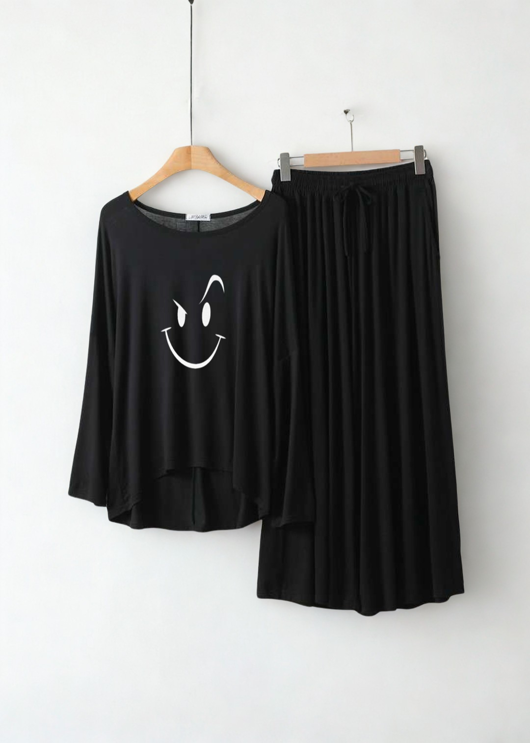 Deep Black Smiley Round Neck Palazzo PJ Set