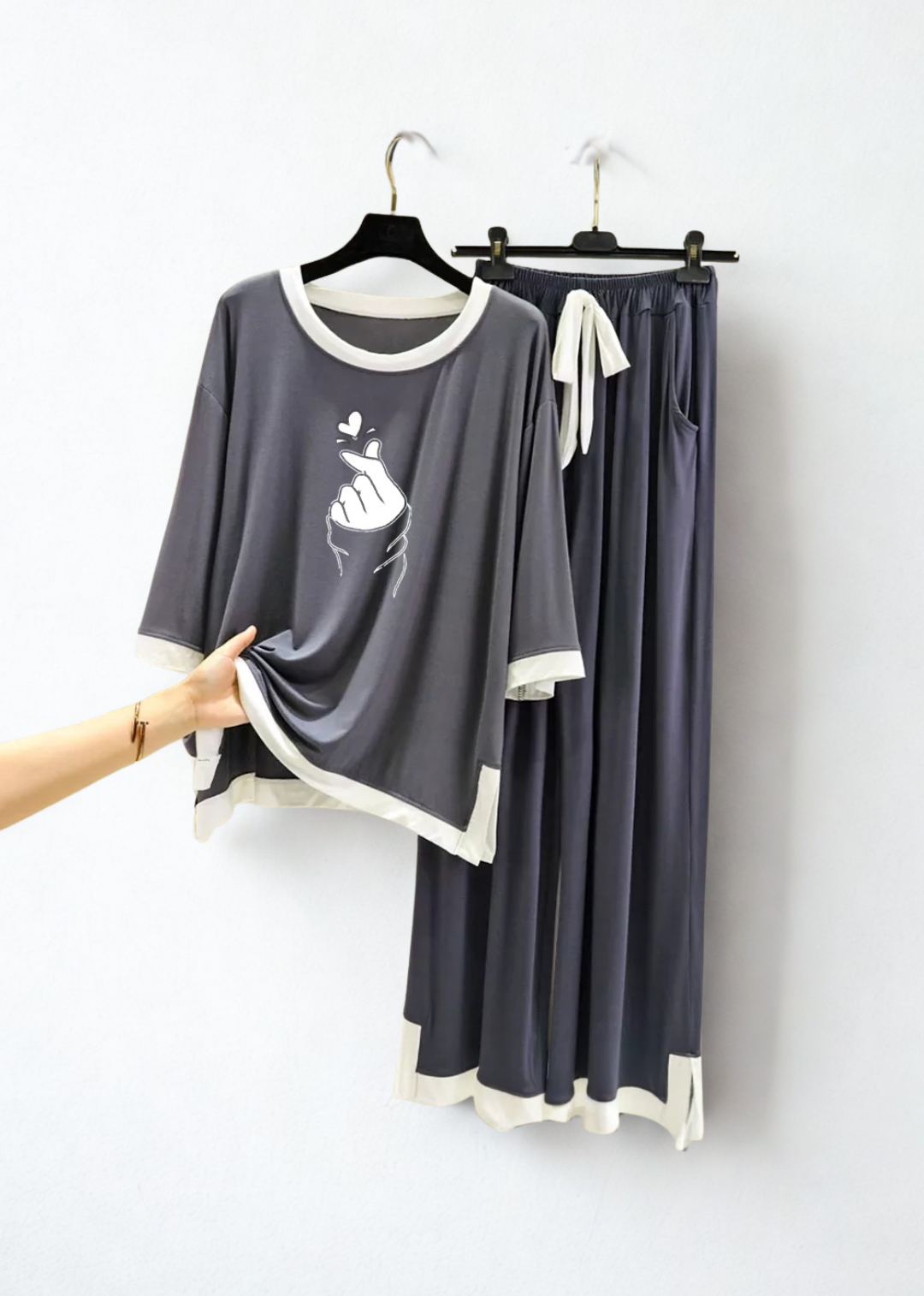 Grey White K-pop Round Neck Plazzo PJ Set
