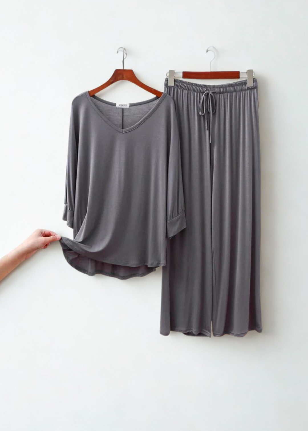 Plain Gray V Neck with Plazzo Pajama Full Sleeves Suit