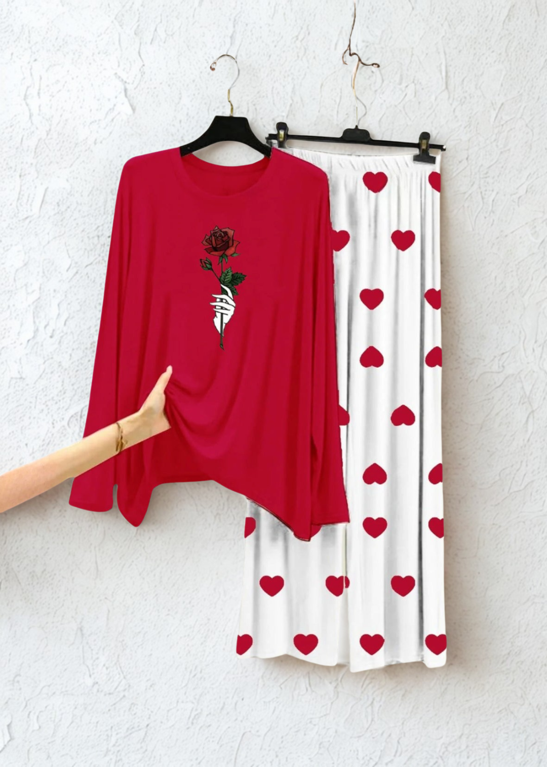 Rose Flower Printed Red Shirt With Heart Printed Trouser