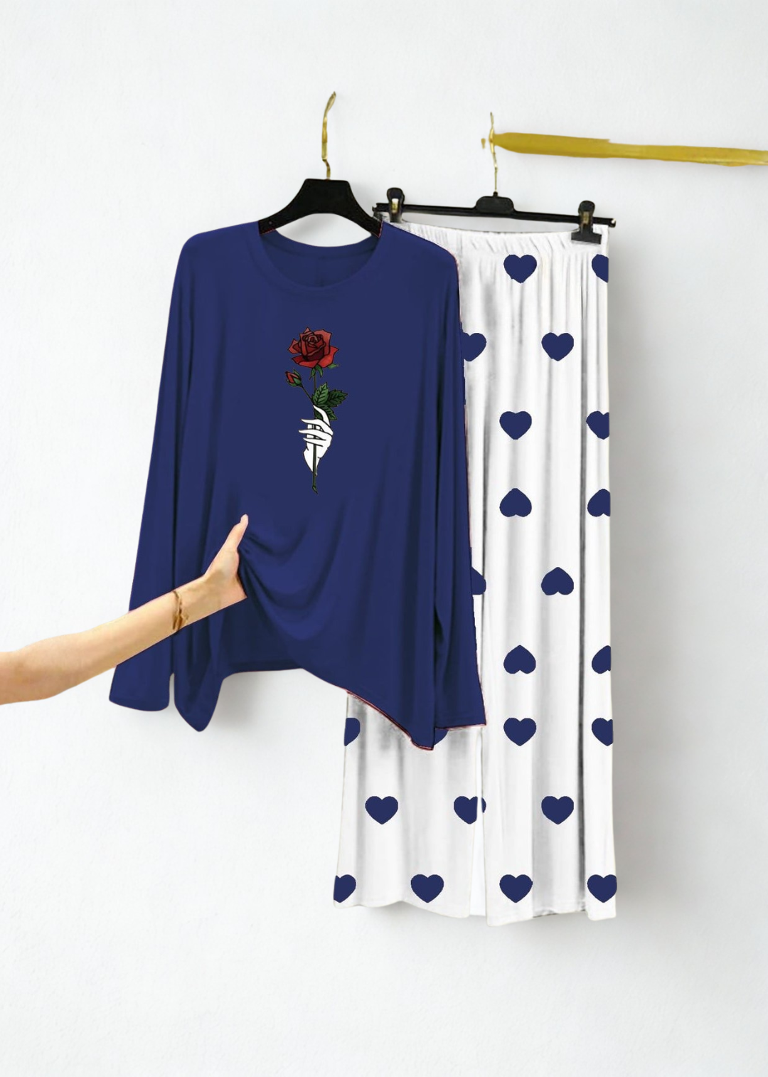 Navy Blue Rose Flower Printed Shirt With Heart Printed Trouser