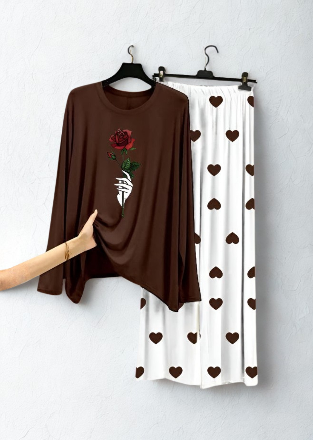 Roses Flower Printed Brown Shirt With Heart Printed Trouser