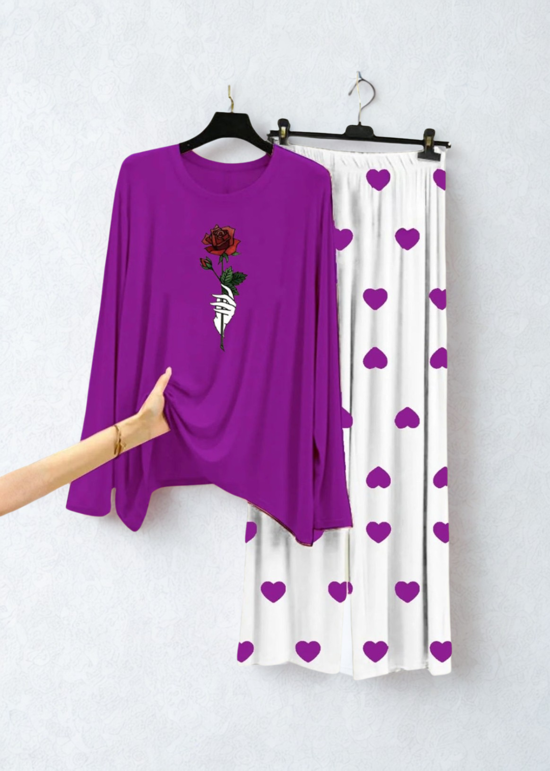 Purple Rose Flower Printed Shirt With Printed Trouser
