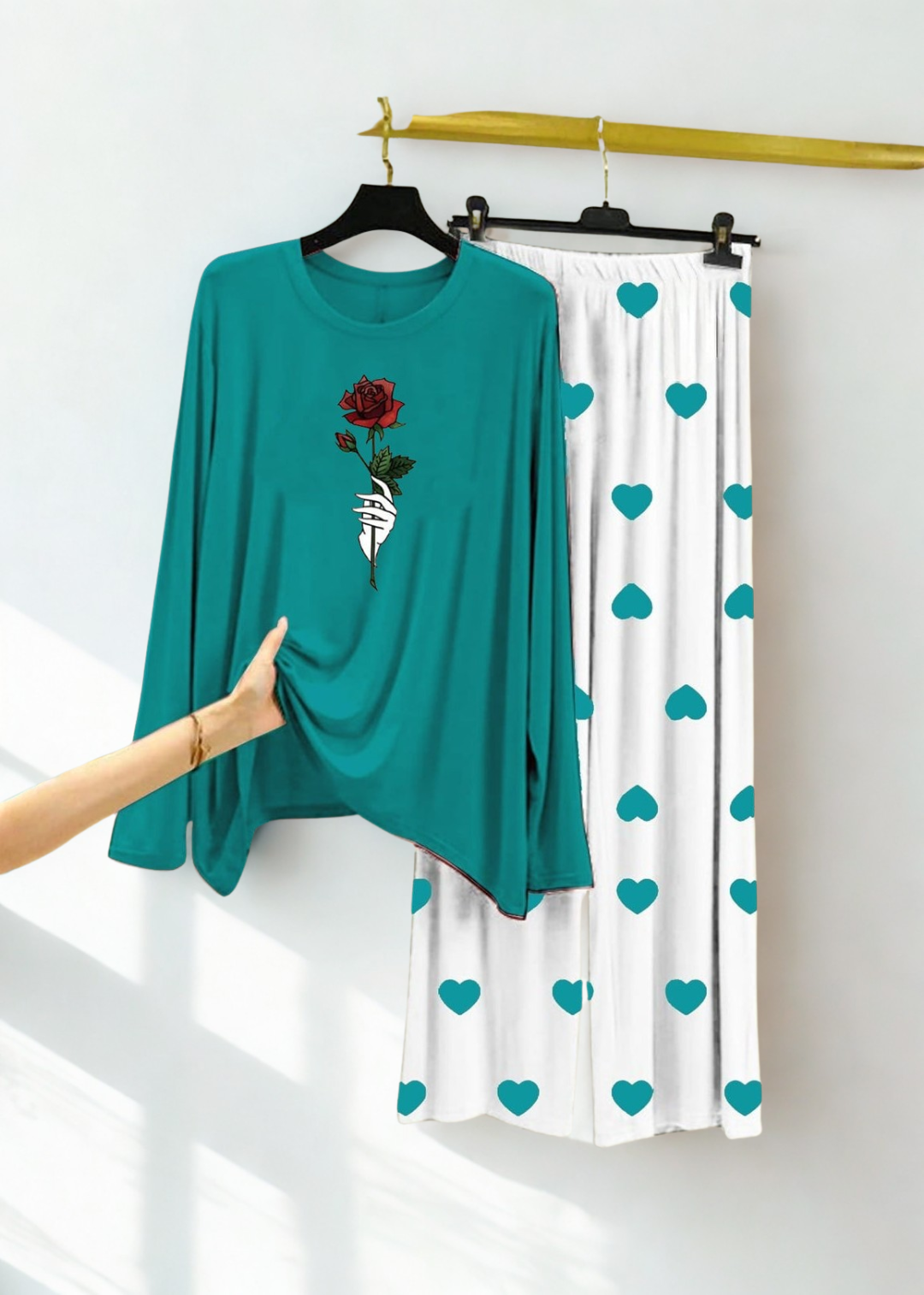 Rose Flower Printed Persian Blue (Heart Printed Trouser)