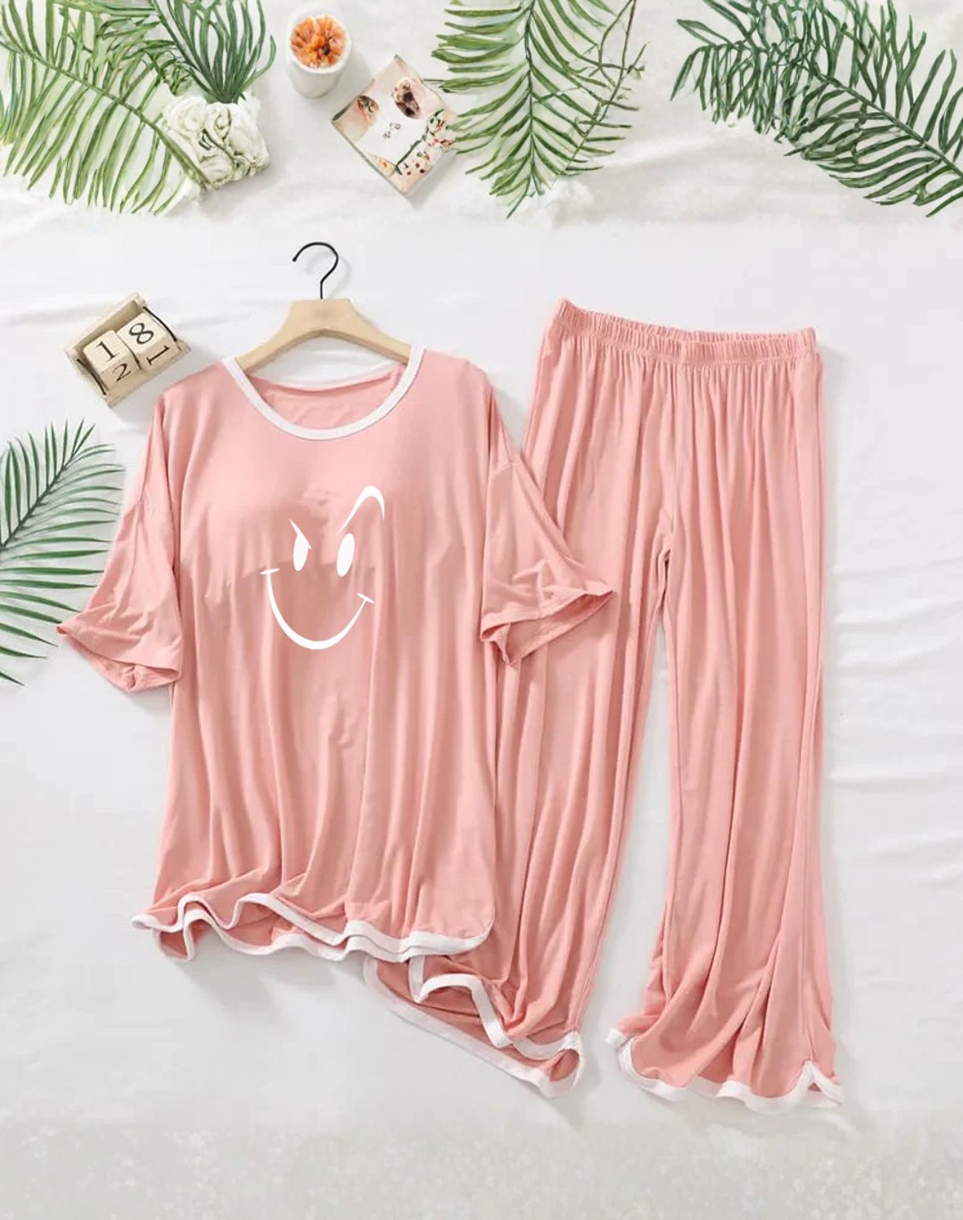 Rose Pink Smiley Half Sleeves Plazzo PJ Set