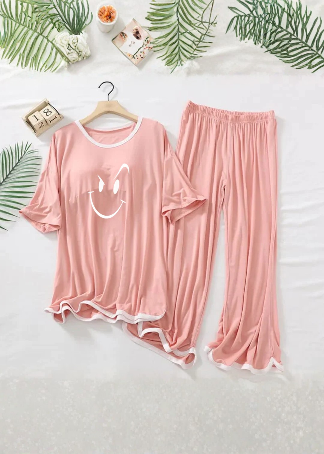Rose Pink Smiley Half Sleeves Plazzo PJ Set