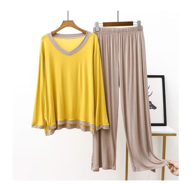 Yellow V-Neck 2pc with Contrast Trouser PJ Set