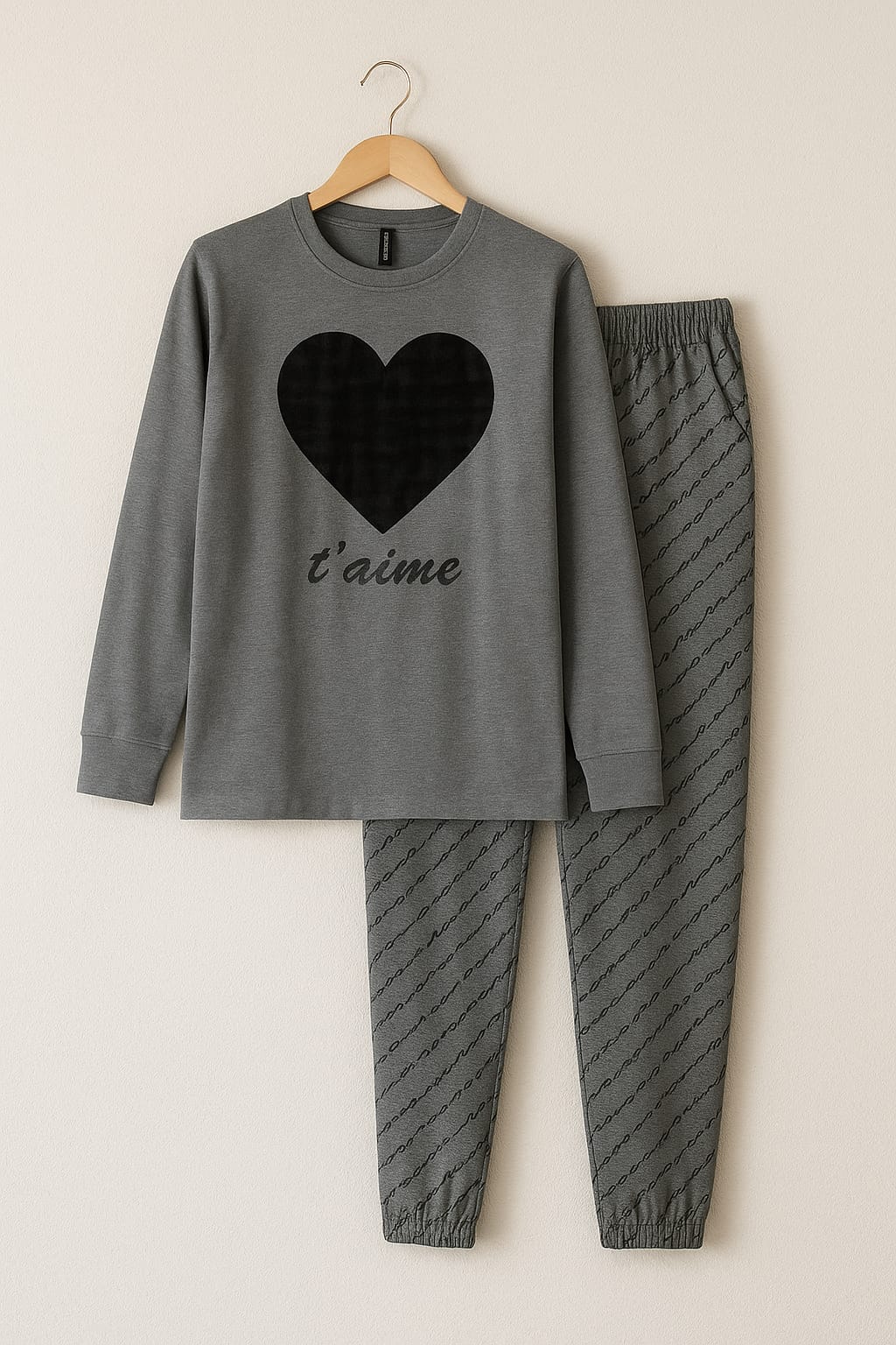 Grey Black Heart 2 PC Nightwear Nightdress