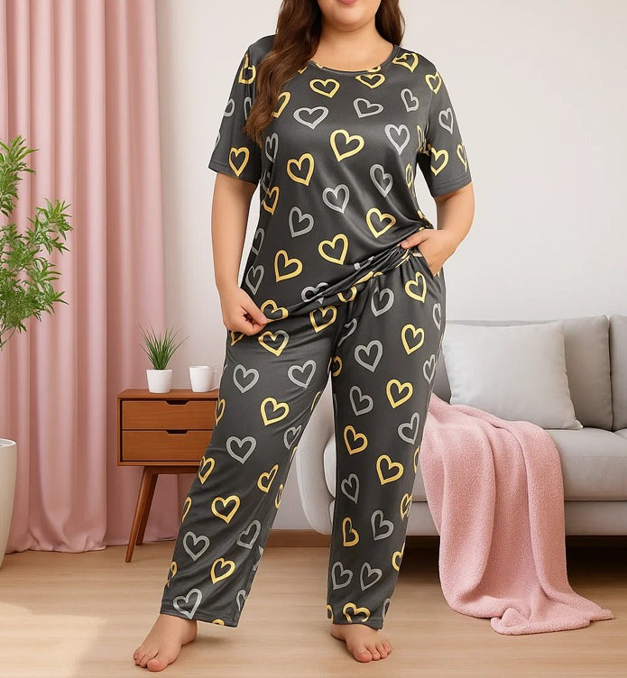 Multi Hearts Pattern Grey 2 PC Nightwear Nightdress