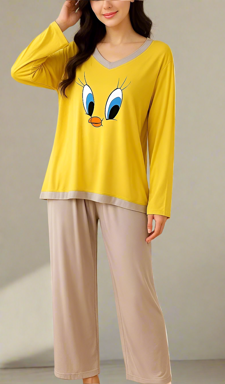 Yellow Dafy V-Neck T Shirt with Contrast Trouser PJ Set