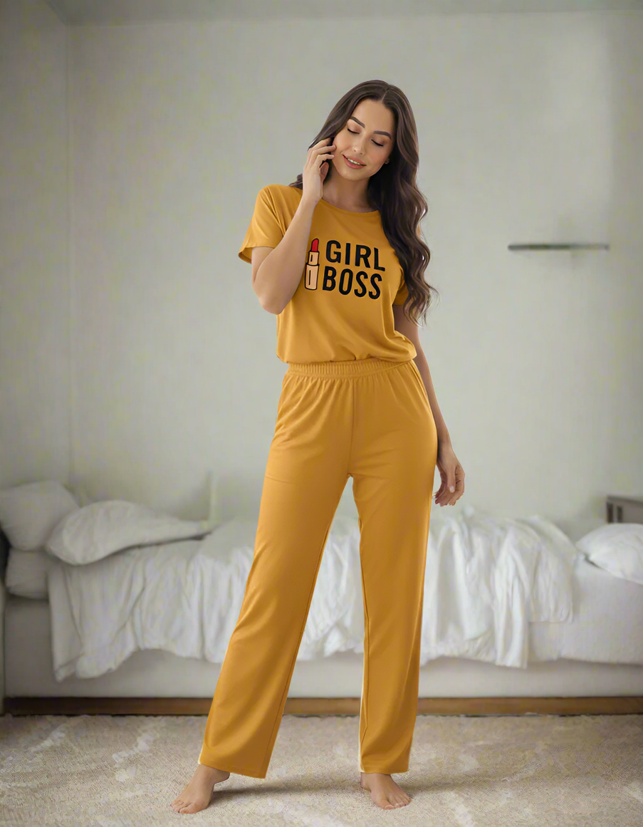 Yellow Girl Boss Printed Flapper Style Night Wear